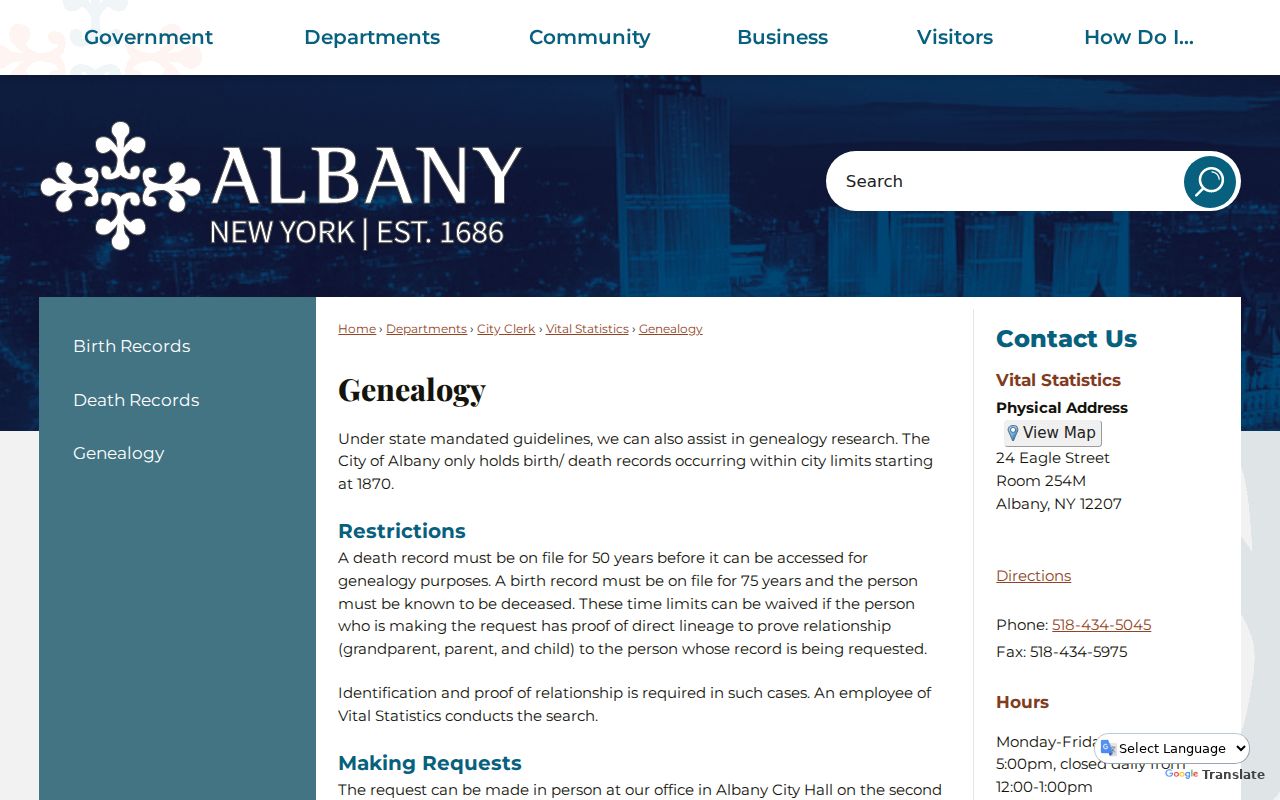 Albany resident lookup genealogy instructions for City of Albany vital records